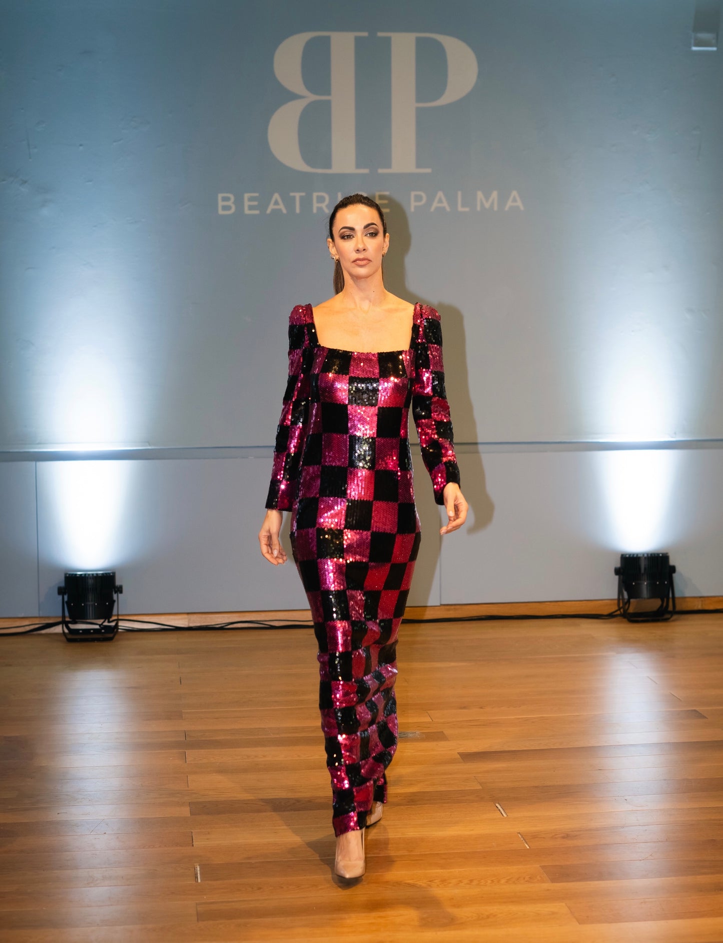 CHECKERED LONG SEQUIN DRESS