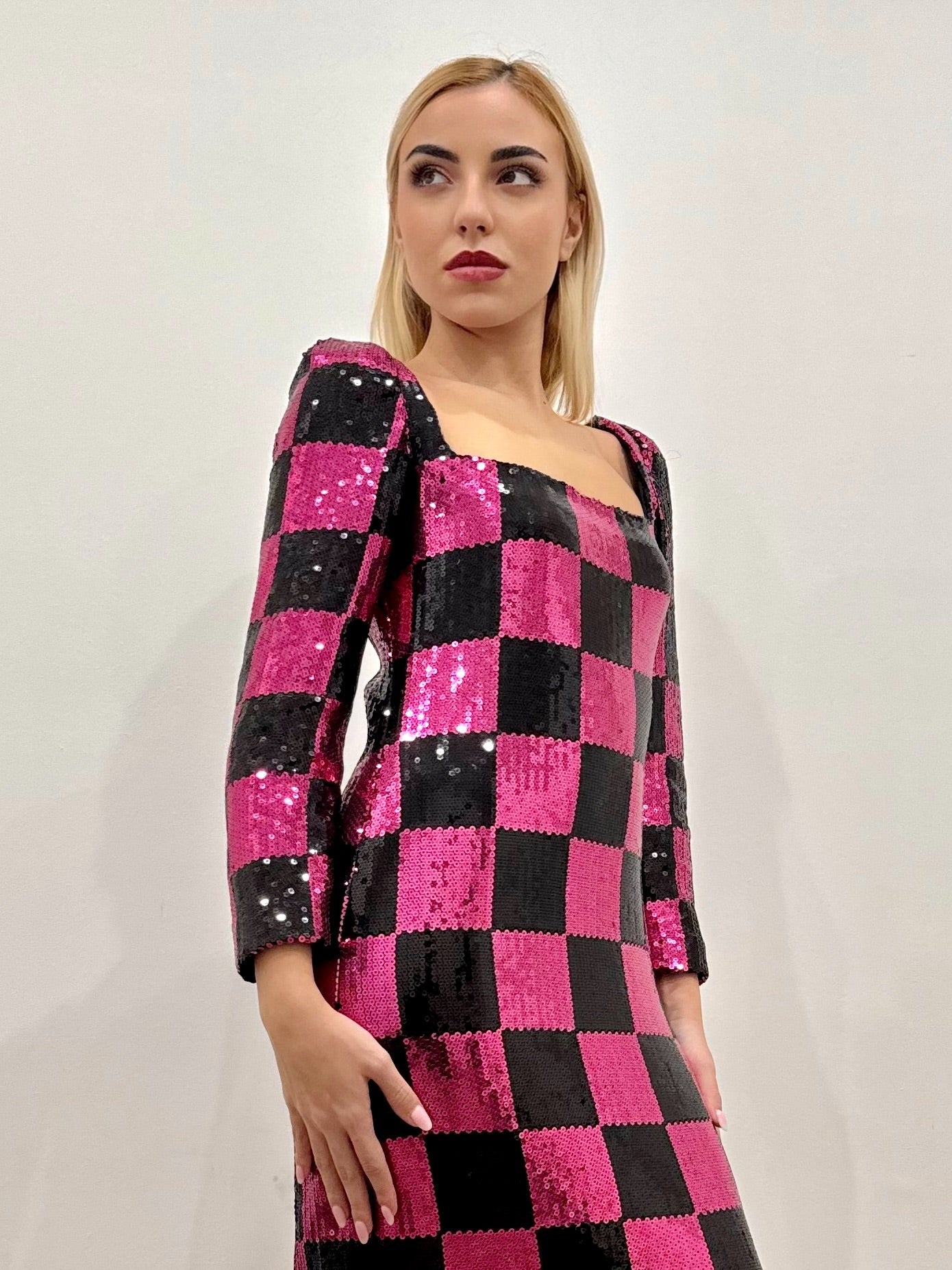 checkered sequin dress Black & White Plaid Sequin Embellished Tweed Royal Neckline Maxi Dress RAISA VANESSA INT